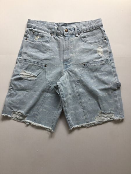 Karl Kani Og Heavy Distressed Wavy Print Carpenter Denim Shorts bleached blue