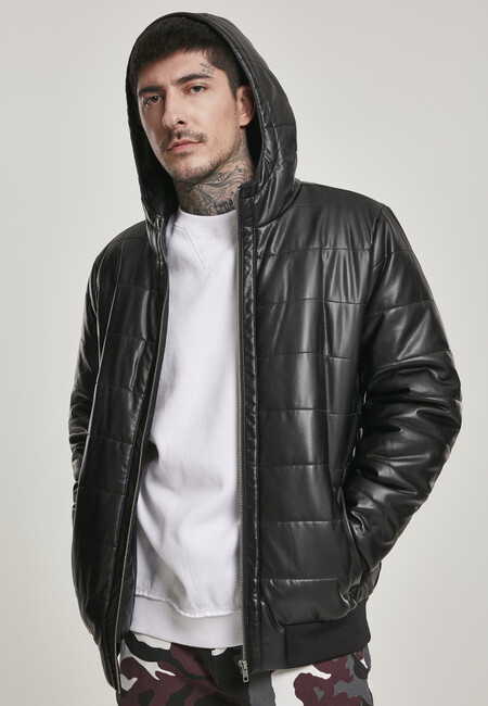 Urban Classics Hooded Faux Leather Bubble Jacket Black Online Hip Hop