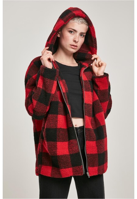 Urban Classics Ladies Sherpa Hip firered/blk Online Fashion Check Oversized Jacket Hooded Store Gangstagroup.com - - Hop